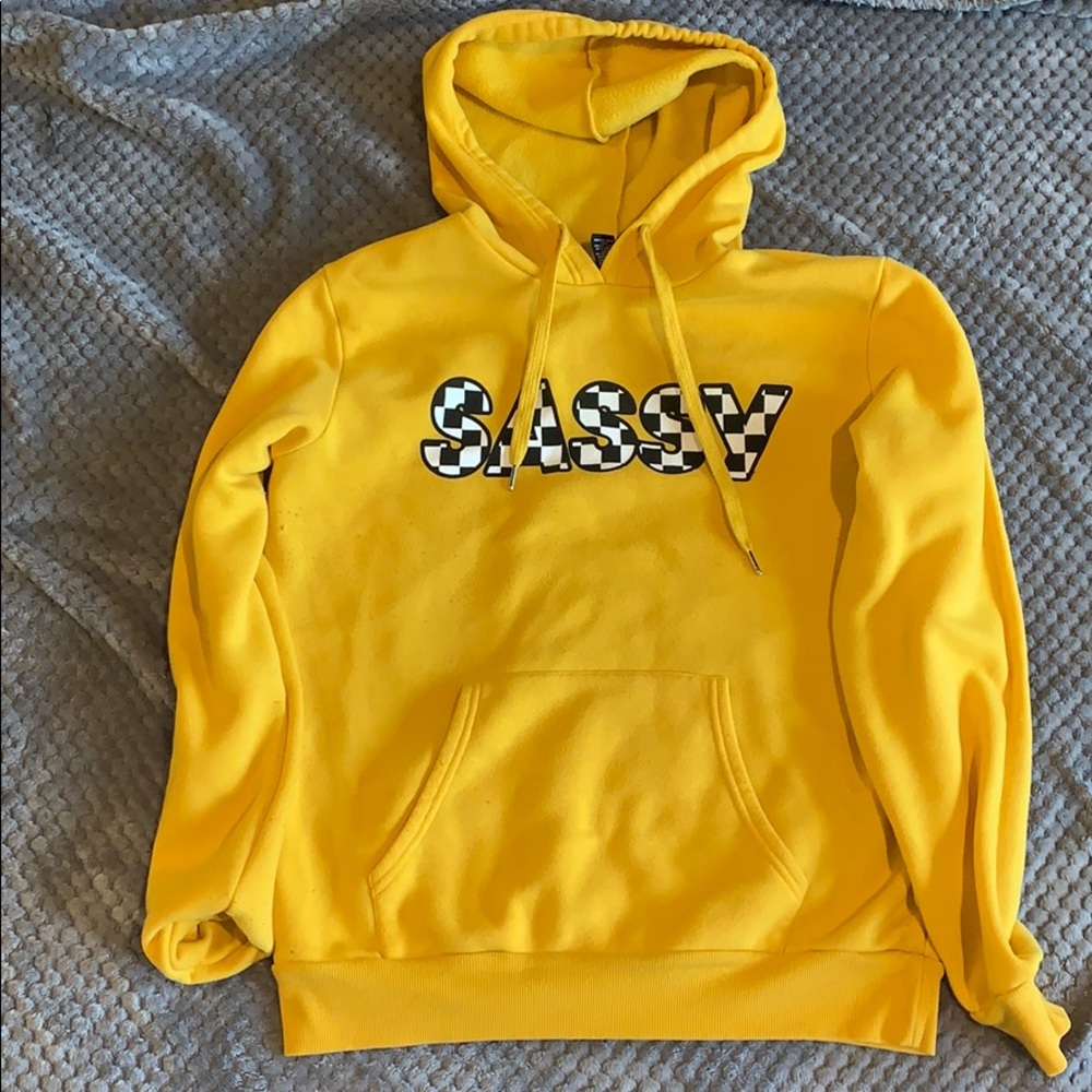 Mustard yellow checkered “sassy” hoodie
